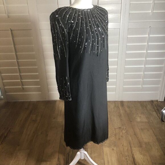 Vtg 80s Oleg Cassini Black Silk Beaded Cocktail Dress 8 Modest Holiday - Picture 7 of 12